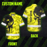 Hi Vis Hawaiian American Flag Shirt, Yellow Neon Custom Name Reflective Short Sleeve Button-up Safety Shirt for Workers