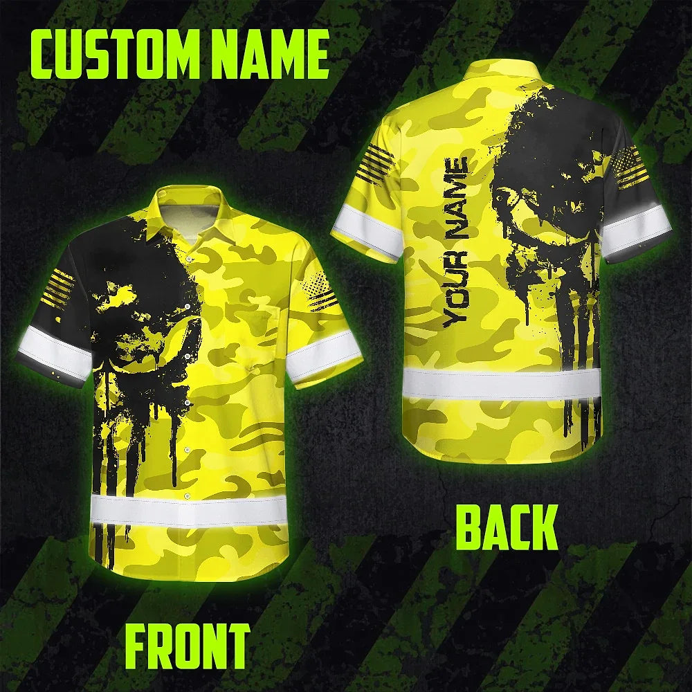 Hi Vis Hawaiian American Flag Shirt, Yellow Neon Custom Name Reflective Short Sleeve Button-up Safety Shirt for Workers