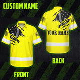 Hi Vis Hawaiian American Flag Shirt, Yellow Neon Custom Name Reflective Short Sleeve Button-up Safety Shirt for Workers