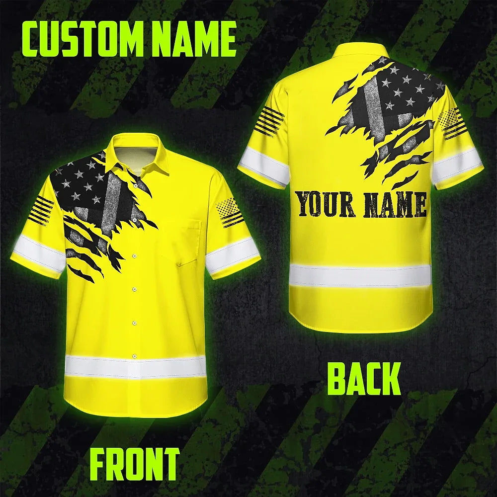 Hi Vis Hawaiian American Flag Shirt, Yellow Neon Custom Name Reflective Short Sleeve Button-up Safety Shirt for Workers