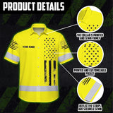 Hi Vis Hawaiian American Flag Shirt, Yellow Neon Custom Name Reflective Short Sleeve Button-up Safety Shirt for Workers