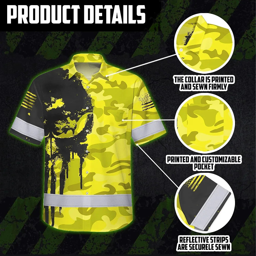 Hi Vis Hawaiian American Flag Shirt, Yellow Neon Custom Name Reflective Short Sleeve Button-up Safety Shirt for Workers