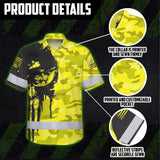 Hi Vis Hawaiian American Flag Shirt, Yellow Neon Custom Name Reflective Short Sleeve Button-up Safety Shirt for Workers
