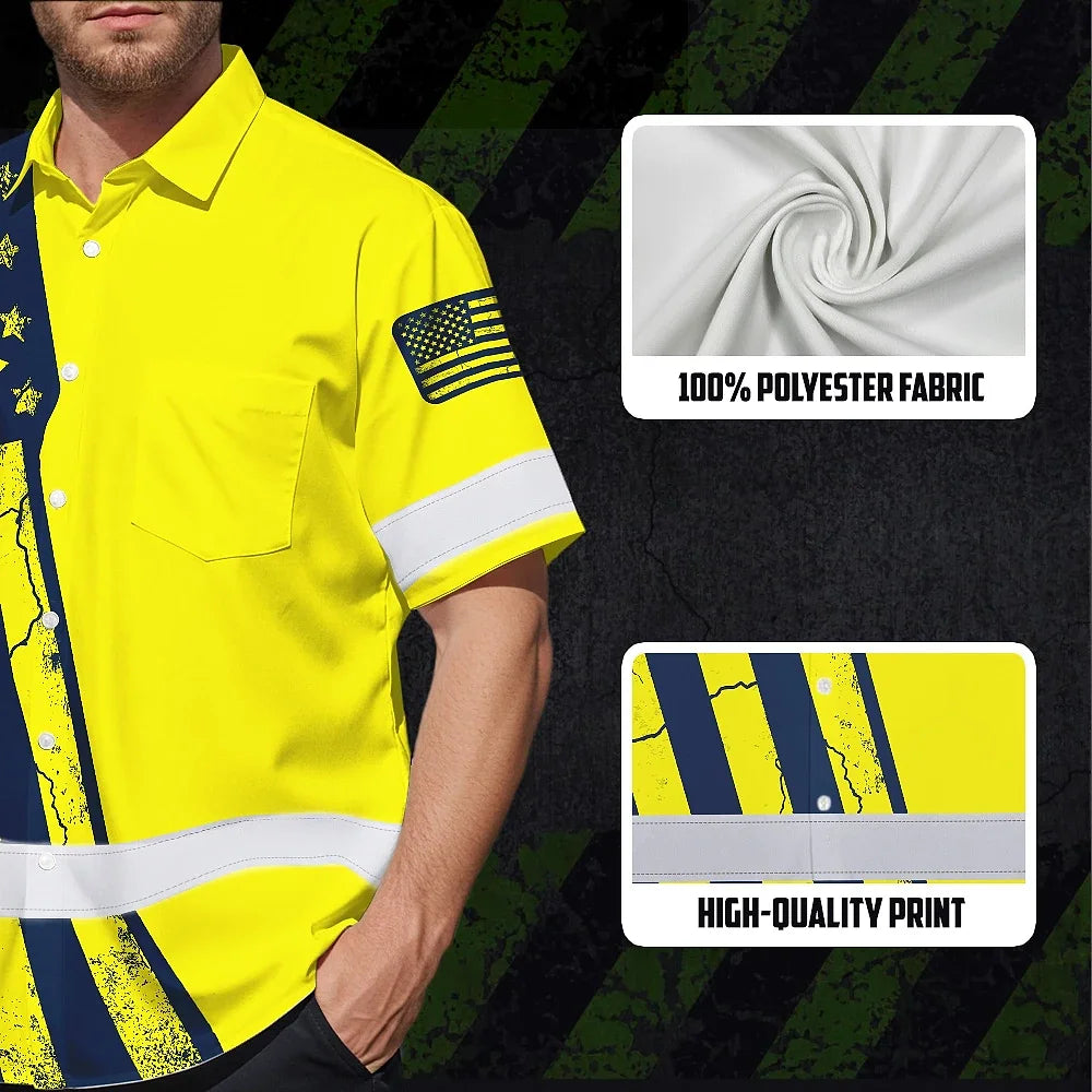 Hi Vis Hawaiian American Flag Shirt, Yellow Neon Custom Name Reflective Short Sleeve Button-up Safety Shirt for Workers