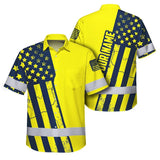 Hi Vis Hawaiian American Flag Shirt, Yellow Neon Custom Name Reflective Short Sleeve Button-up Safety Shirt for Workers
