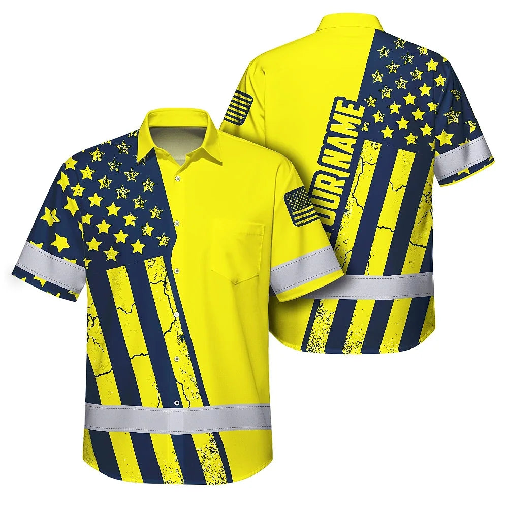 Hi Vis Hawaiian American Flag Shirt, Yellow Neon Custom Name Reflective Short Sleeve Button-up Safety Shirt for Workers