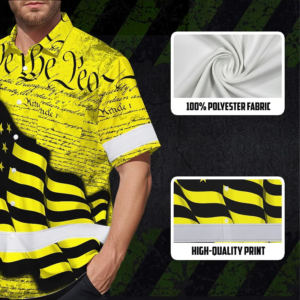 Hi Vis Hawaiian American Flag Shirt, Yellow Neon Custom Name Reflective Short Sleeve Button-up Safety Shirt for Workers