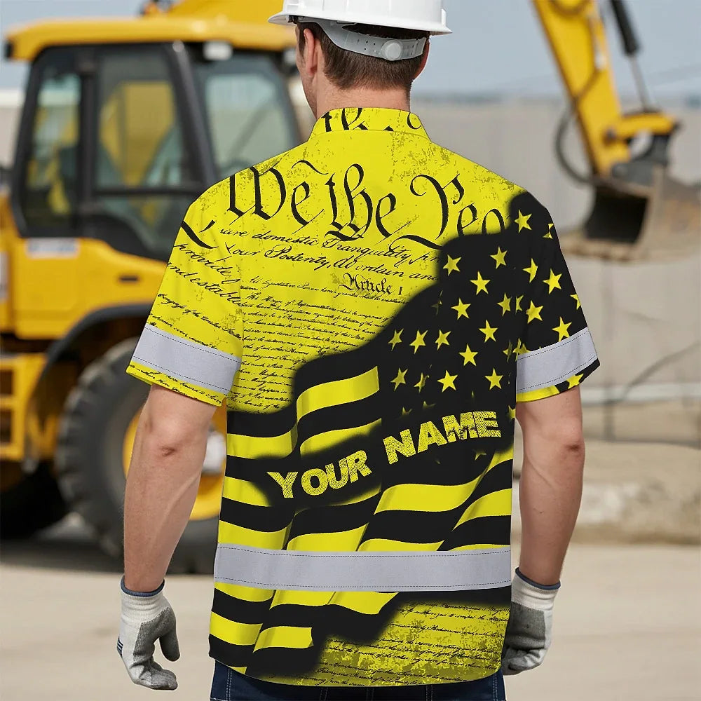 Hi Vis Hawaiian American Flag Shirt, Yellow Neon Custom Name Reflective Short Sleeve Button-up Safety Shirt for Workers