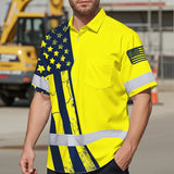 Hi Vis Hawaiian American Flag Shirt, Yellow Neon Custom Name Reflective Short Sleeve Button-up Safety Shirt for Workers