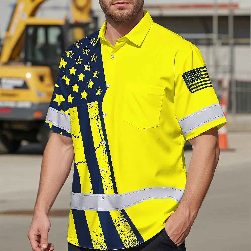 Hi Vis Hawaiian American Flag Shirt, Yellow Neon Custom Name Reflective Short Sleeve Button-up Safety Shirt for Workers