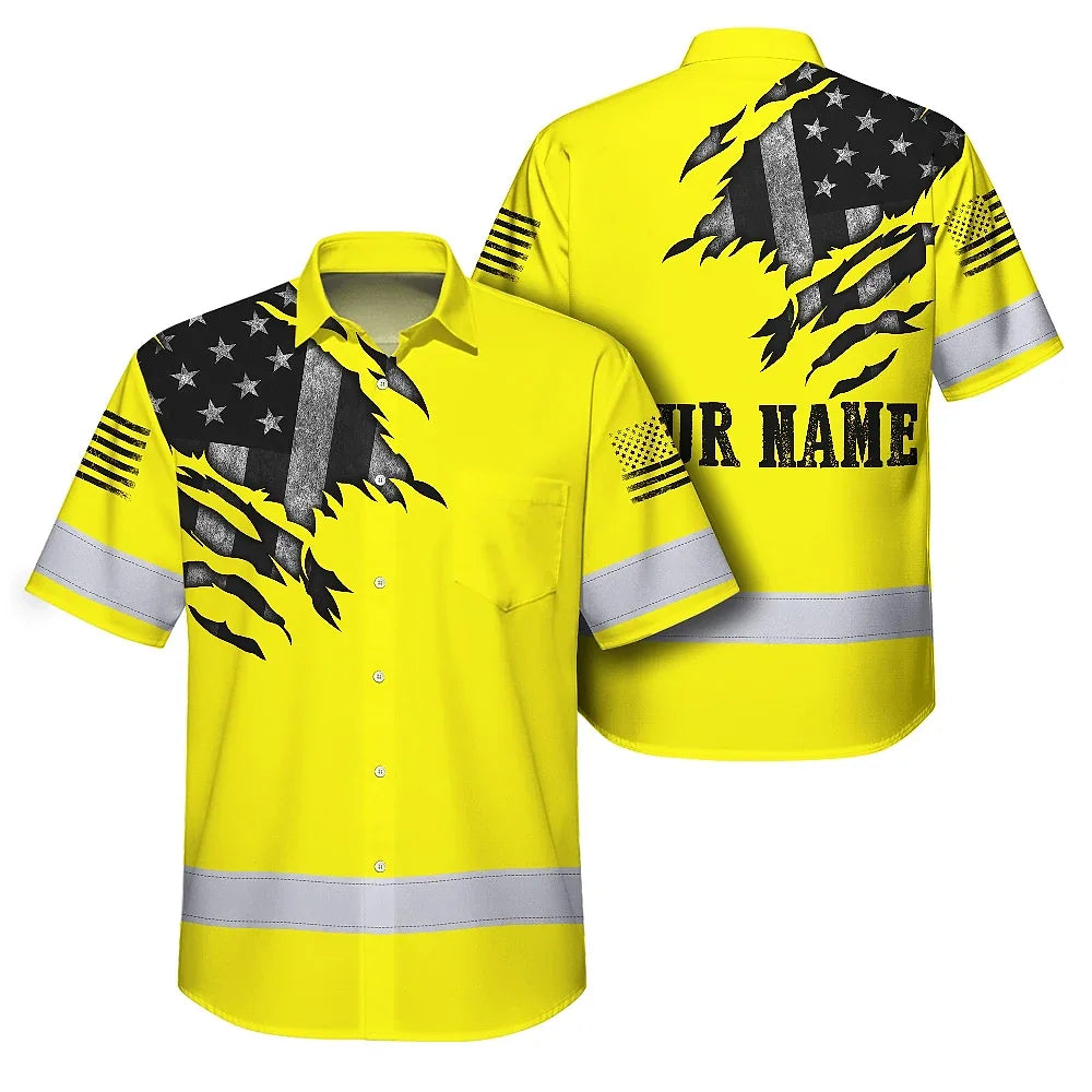 Hi Vis Hawaiian American Flag Shirt, Yellow Neon Custom Name Reflective Short Sleeve Button-up Safety Shirt for Workers