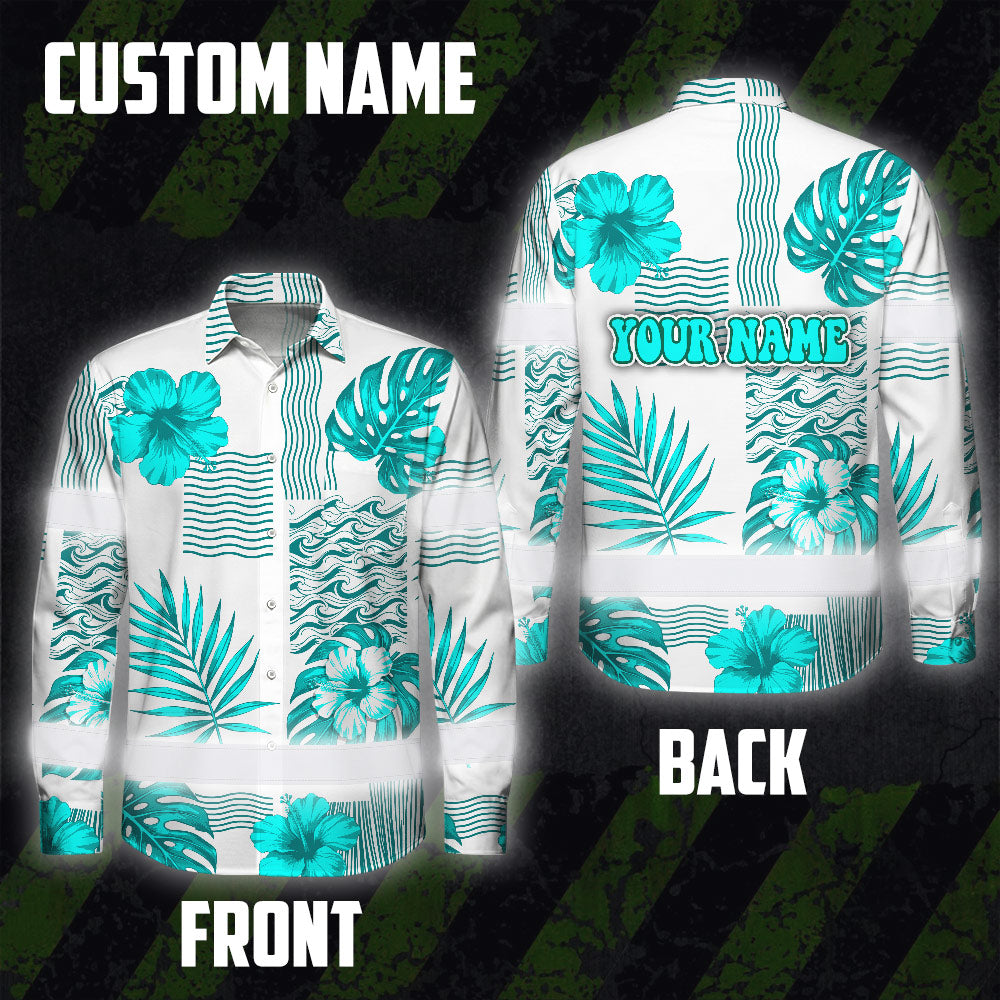 Hi Vis Hawaiian Long Sleeve Shirt Reflective Tape Blue Neon White Flower Hi-Vis Long Sleeve Shirt