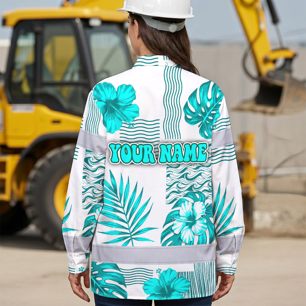 Hi Vis Hawaiian Long Sleeve Shirt Reflective Tape Blue Neon White Flower Hi-Vis Long Sleeve Shirt
