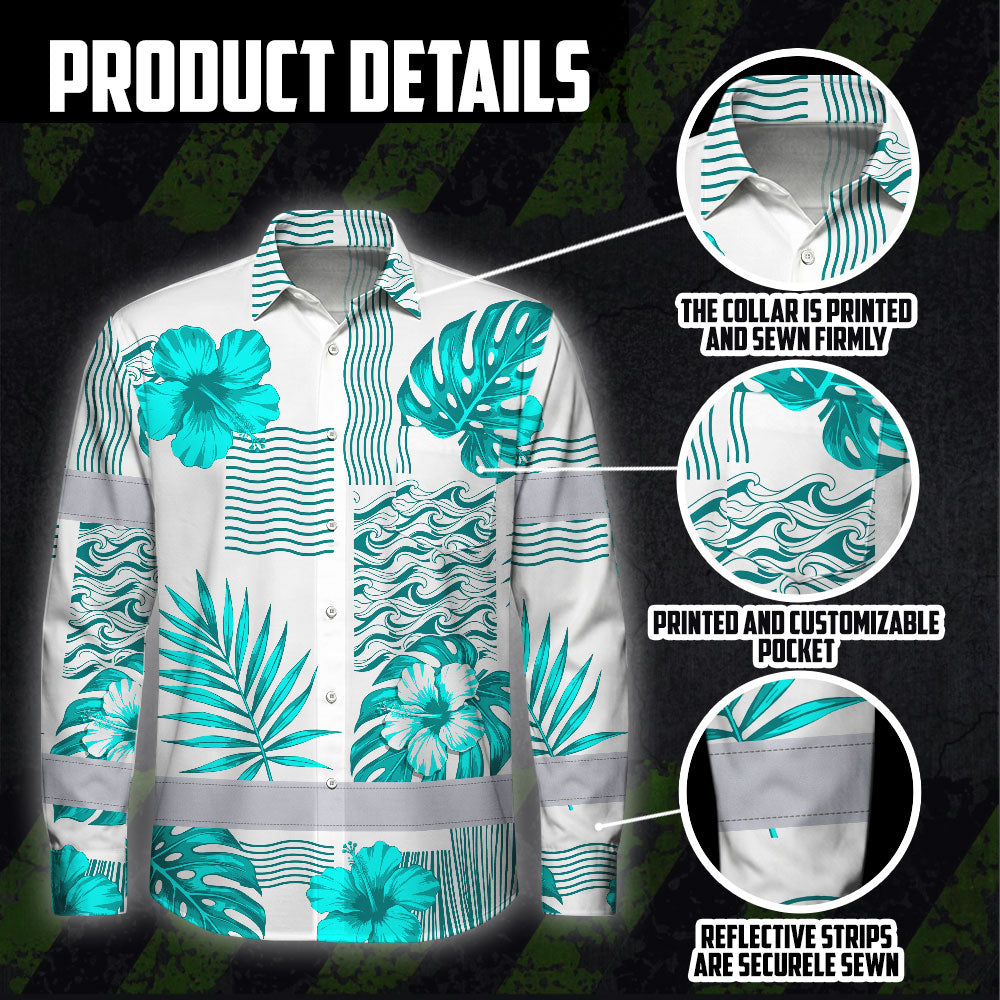 Hi Vis Hawaiian Long Sleeve Shirt Reflective Tape Blue Neon White Flower Hi-Vis Long Sleeve Shirt