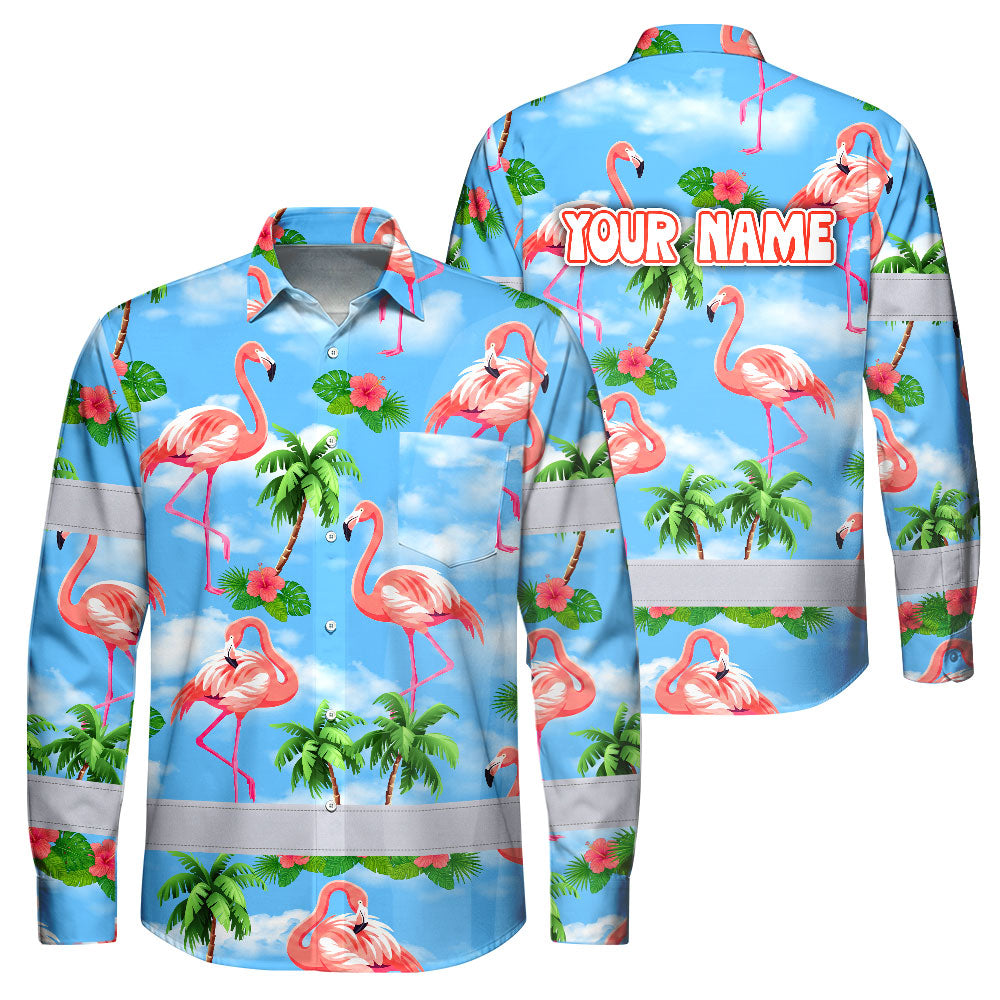 Hi Vis Hawaiian Long Sleeve Shirt Reflective Tape Blue Pink Flamingo Hi-Vis Long Sleeve Shirt