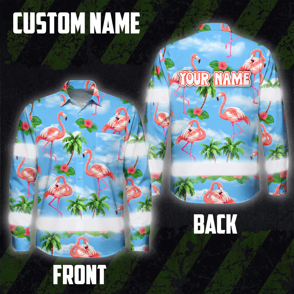 Hi Vis Hawaiian Long Sleeve Shirt Reflective Tape Blue Pink Flamingo Hi-Vis Long Sleeve Shirt