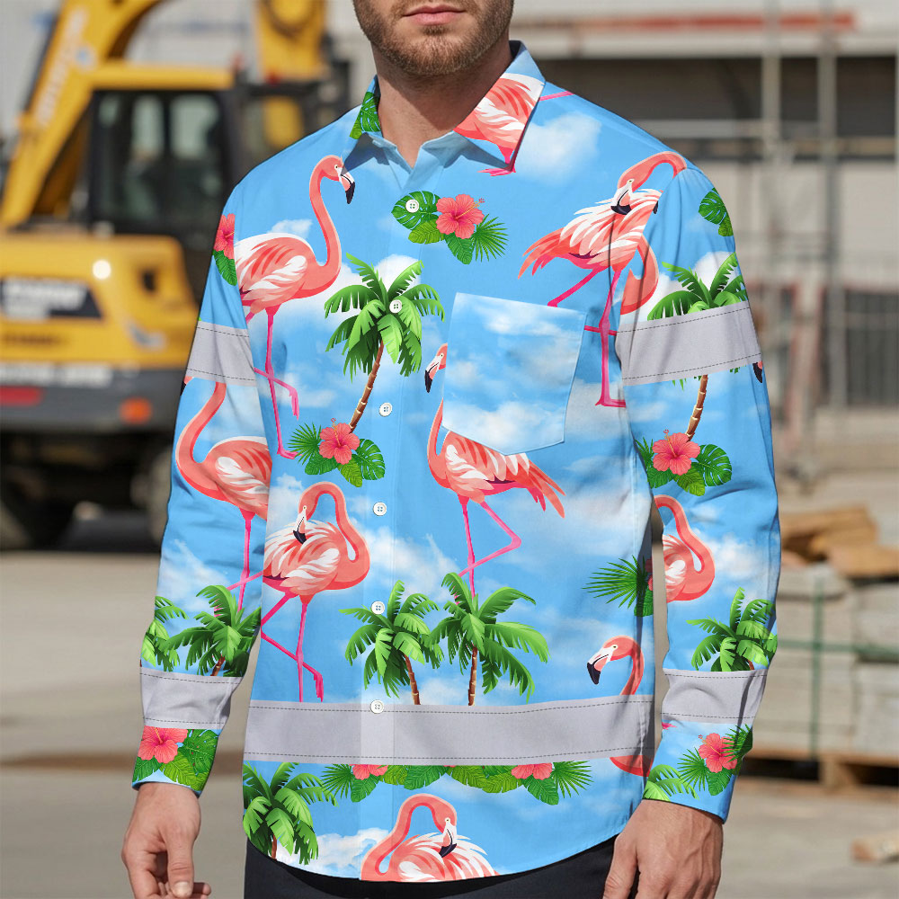 Hi Vis Hawaiian Long Sleeve Shirt Reflective Tape Blue Pink Flamingo Hi-Vis Long Sleeve Shirt