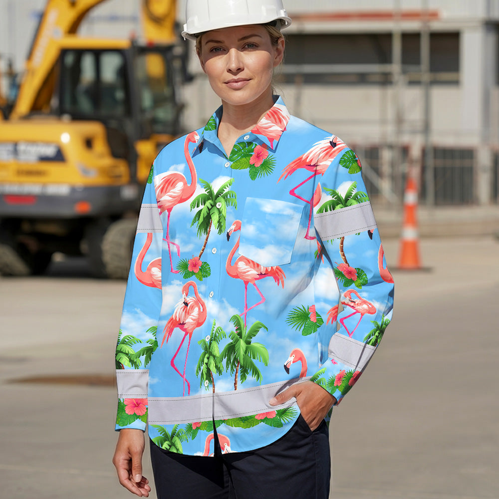 Hi Vis Hawaiian Long Sleeve Shirt Reflective Tape Blue Pink Flamingo Hi-Vis Long Sleeve Shirt