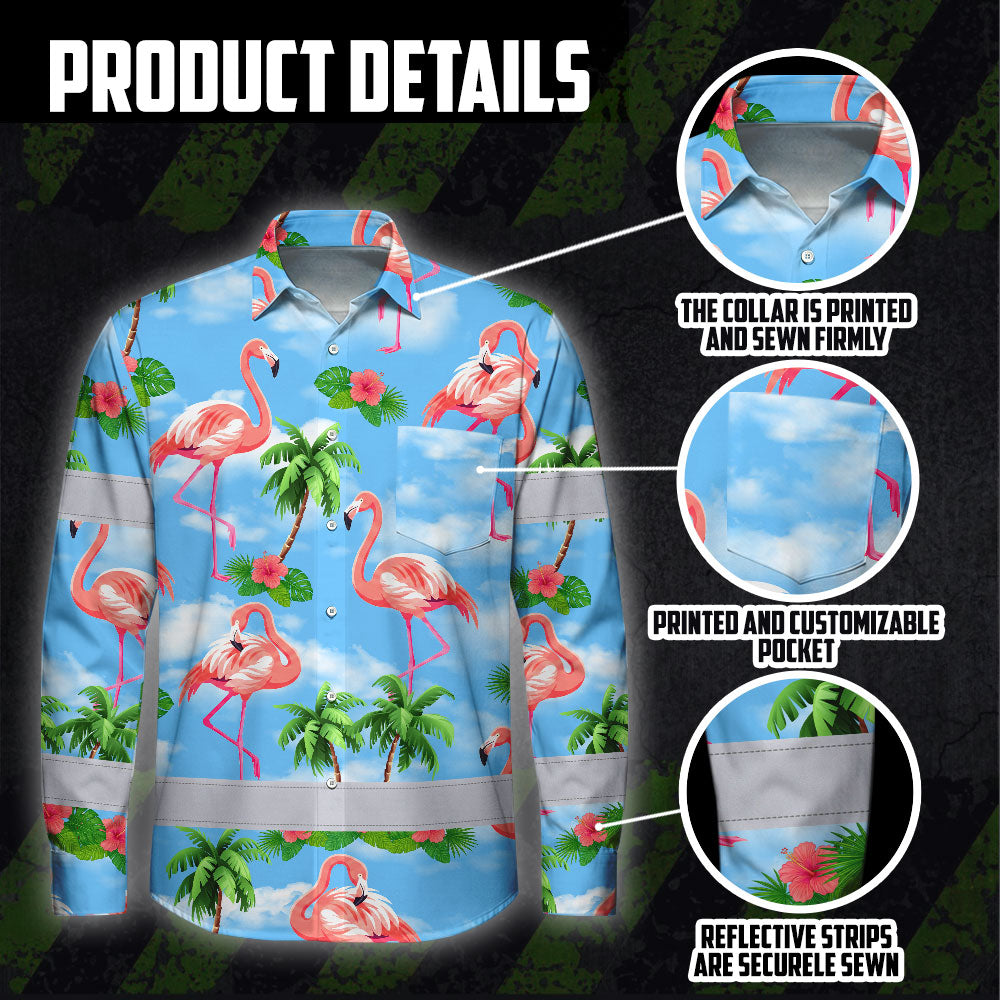 Hi Vis Hawaiian Long Sleeve Shirt Reflective Tape Blue Pink Flamingo Hi-Vis Long Sleeve Shirt