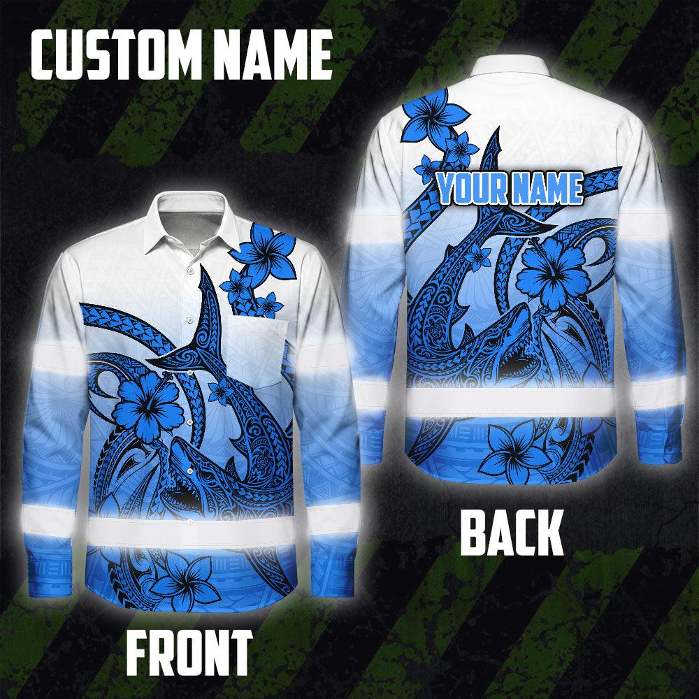 Hi Vis Hawaiian Long Sleeve Shirt Reflective Tape Blue Pink Neon Polynesian Hi-Vis Long Sleeve Shirt