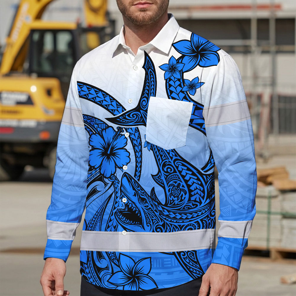 Hi Vis Hawaiian Long Sleeve Shirt Reflective Tape Blue Pink Neon Polynesian Hi-Vis Long Sleeve Shirt