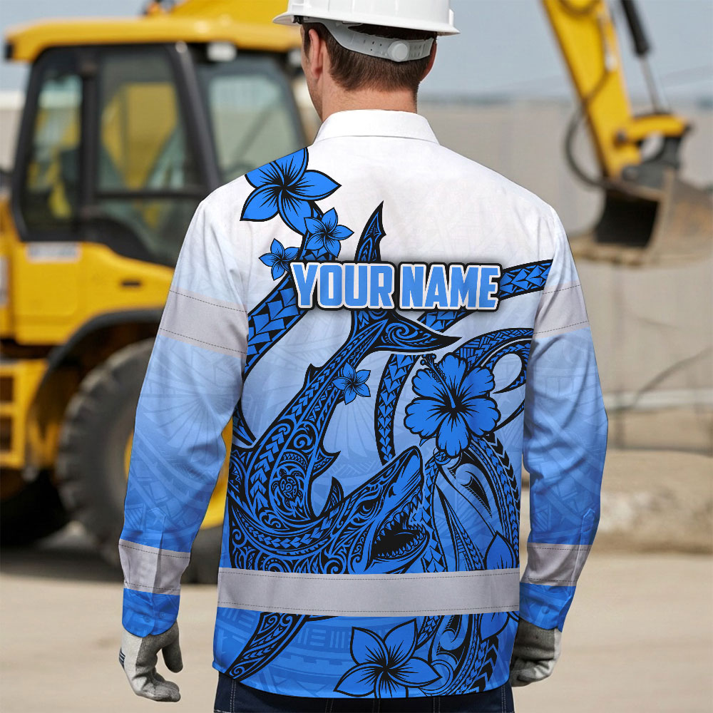 Hi Vis Hawaiian Long Sleeve Shirt Reflective Tape Blue Pink Neon Polynesian Hi-Vis Long Sleeve Shirt