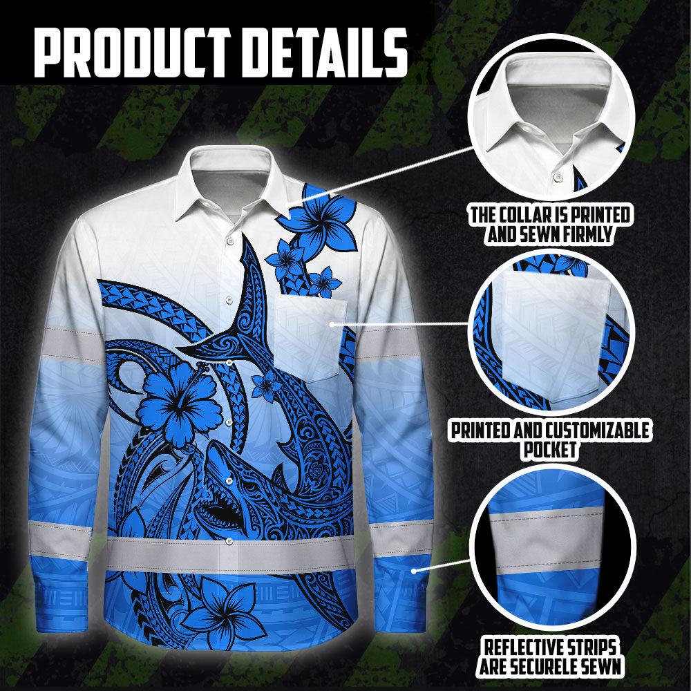 Hi Vis Hawaiian Long Sleeve Shirt Reflective Tape Blue Pink Neon Polynesian Hi-Vis Long Sleeve Shirt