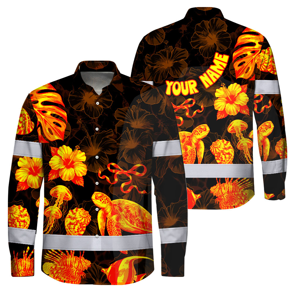 Hi Vis Hawaiian Long Sleeve Shirt Reflective Tape Gradient Orange Neon Turtle Hi-Vis Long Sleeve Shirt