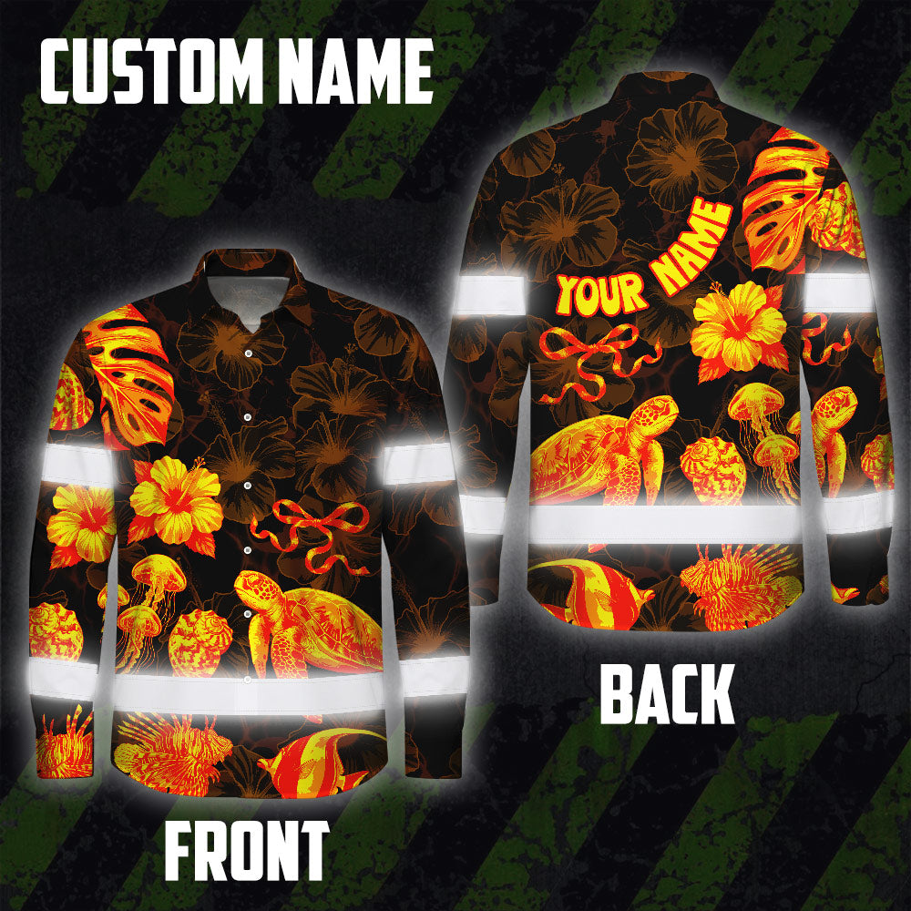 Hi Vis Hawaiian Long Sleeve Shirt Reflective Tape Gradient Orange Neon Turtle Hi-Vis Long Sleeve Shirt