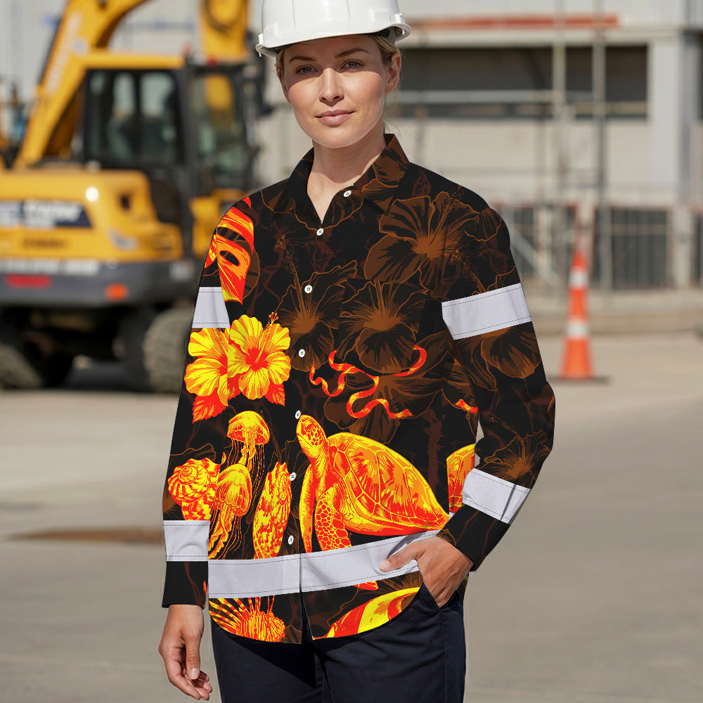 Hi Vis Hawaiian Long Sleeve Shirt Reflective Tape Gradient Orange Neon Turtle Hi-Vis Long Sleeve Shirt