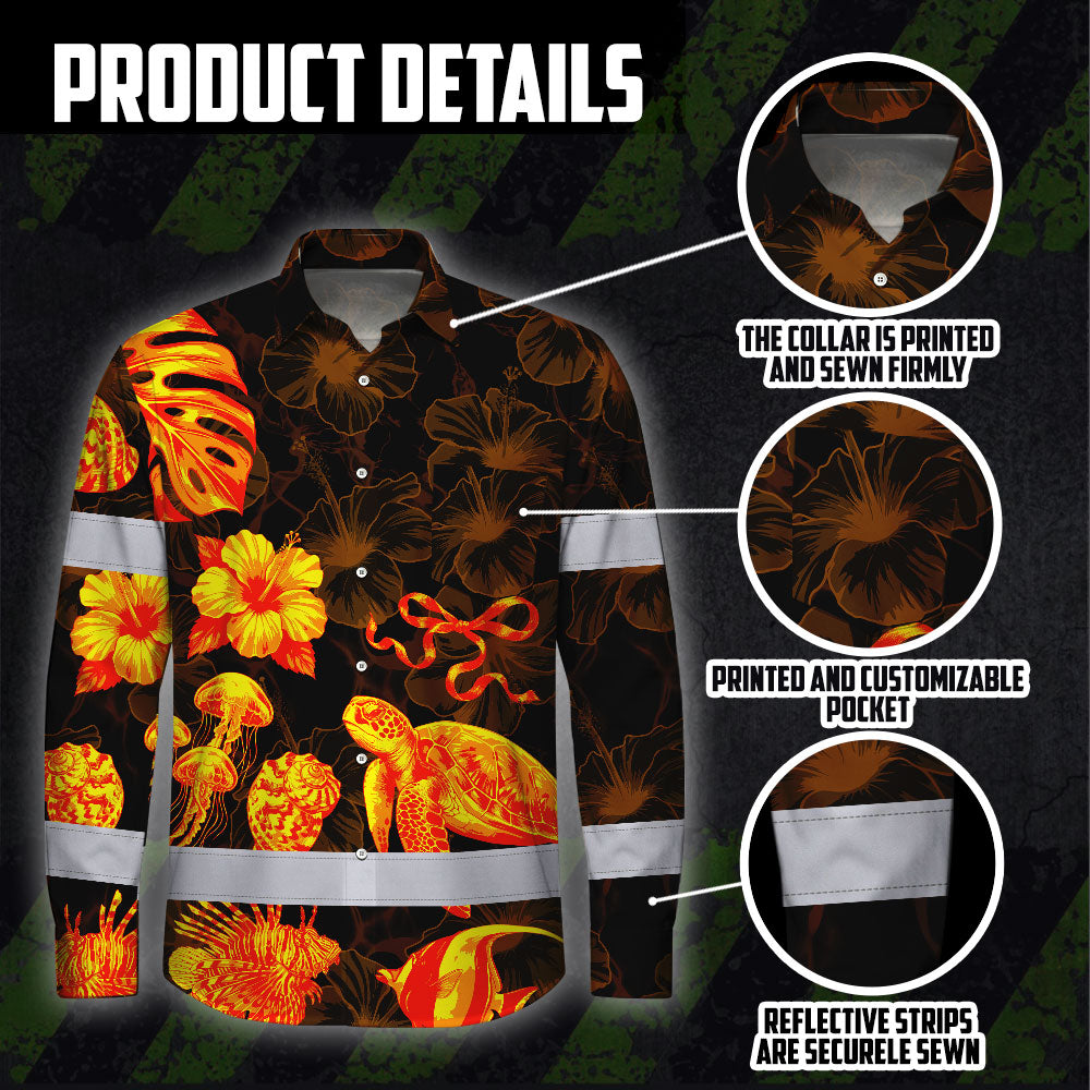 Hi Vis Hawaiian Long Sleeve Shirt Reflective Tape Gradient Orange Neon Turtle Hi-Vis Long Sleeve Shirt