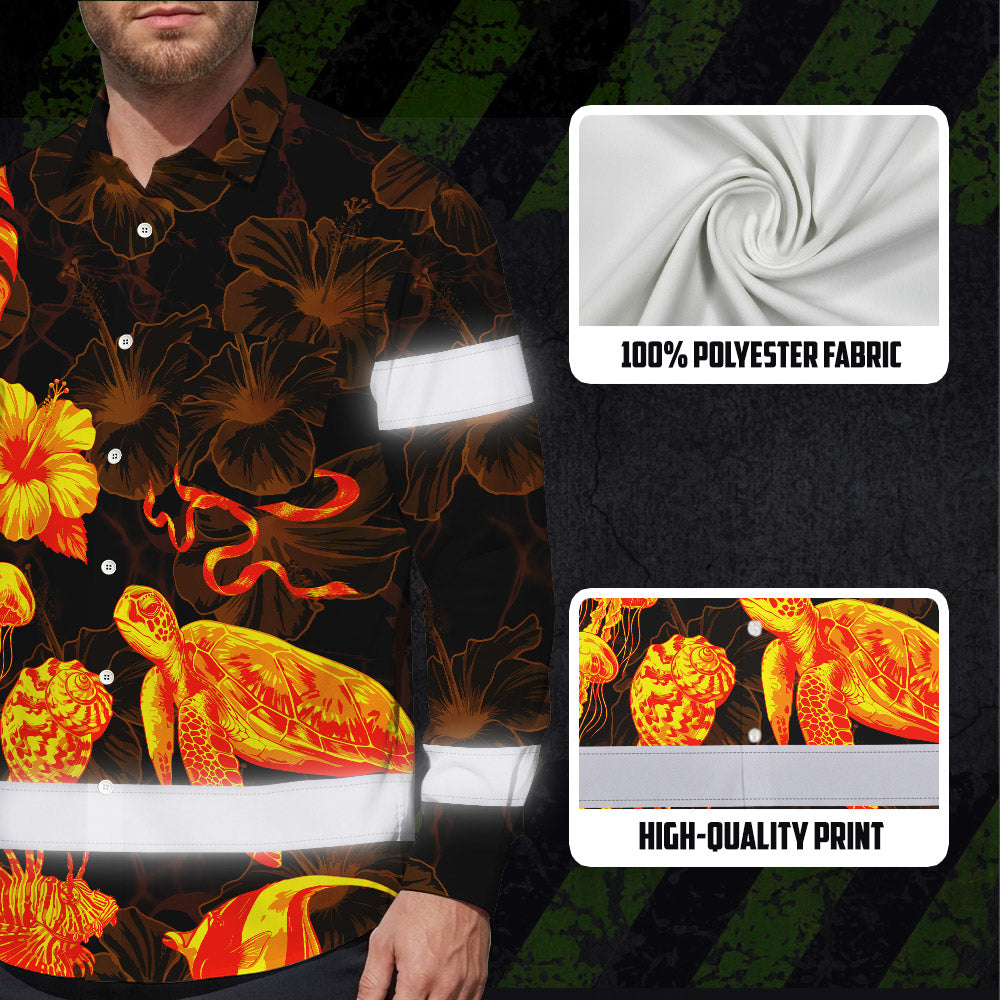 Hi Vis Hawaiian Long Sleeve Shirt Reflective Tape Gradient Orange Neon Turtle Hi-Vis Long Sleeve Shirt