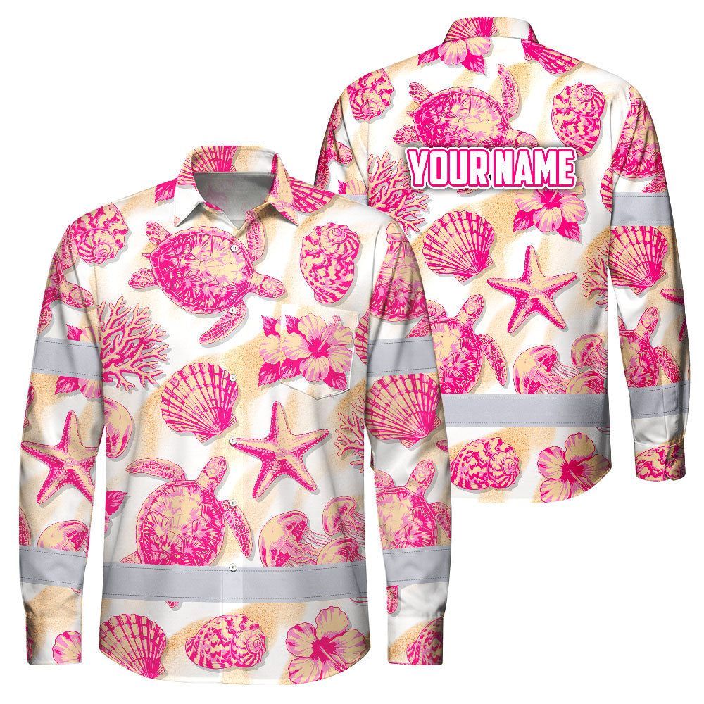 Hi Vis Hawaiian Long Sleeve Shirt Reflective Tape Light Orange Pink Sea Hi-Vis Long Sleeve Shirt