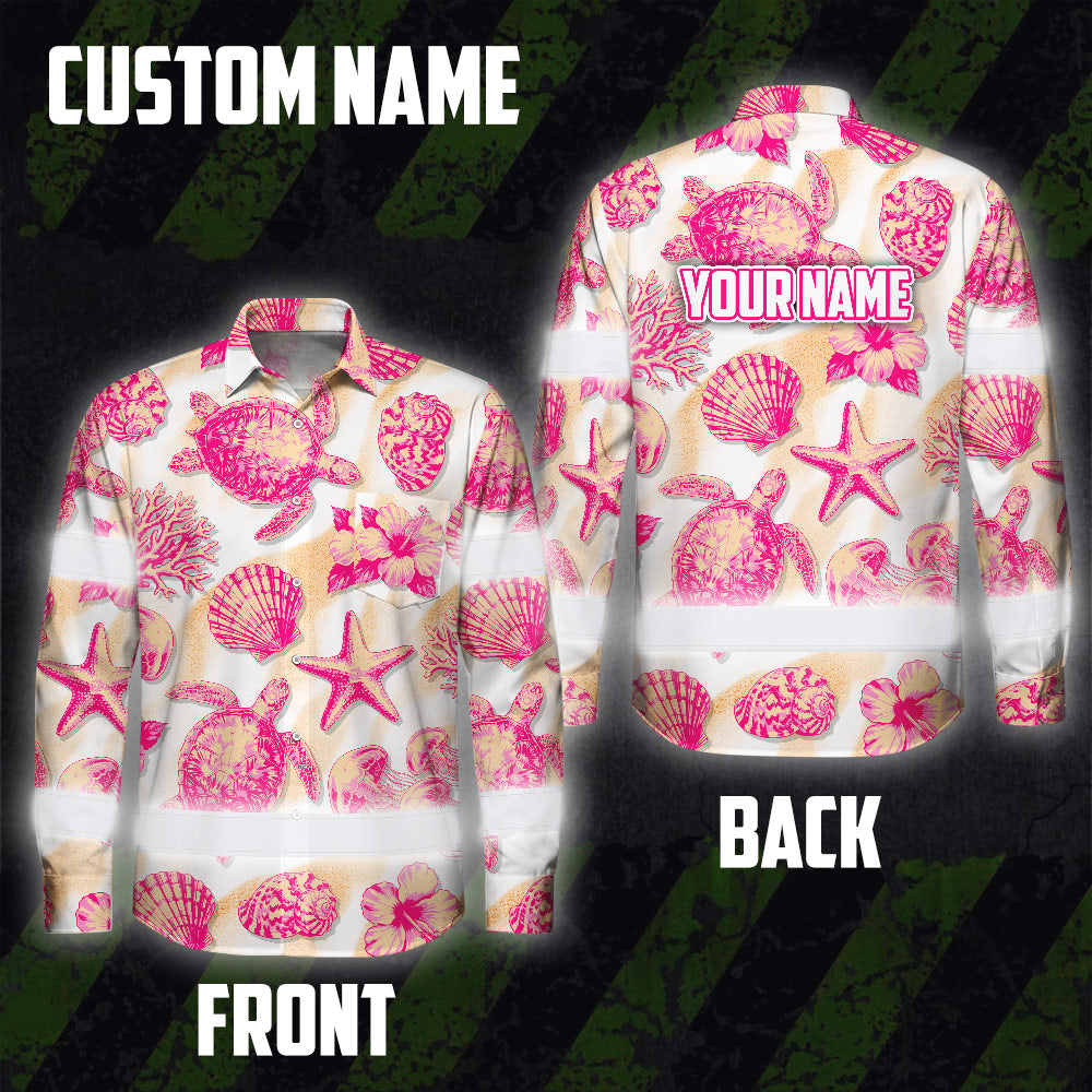 Hi Vis Hawaiian Long Sleeve Shirt Reflective Tape Light Orange Pink Sea Hi-Vis Long Sleeve Shirt