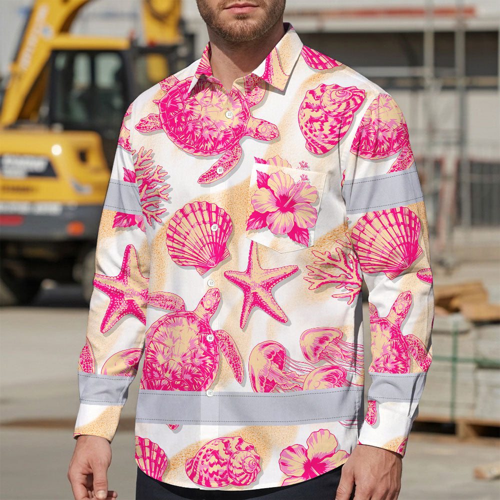 Hi Vis Hawaiian Long Sleeve Shirt Reflective Tape Light Orange Pink Sea Hi-Vis Long Sleeve Shirt