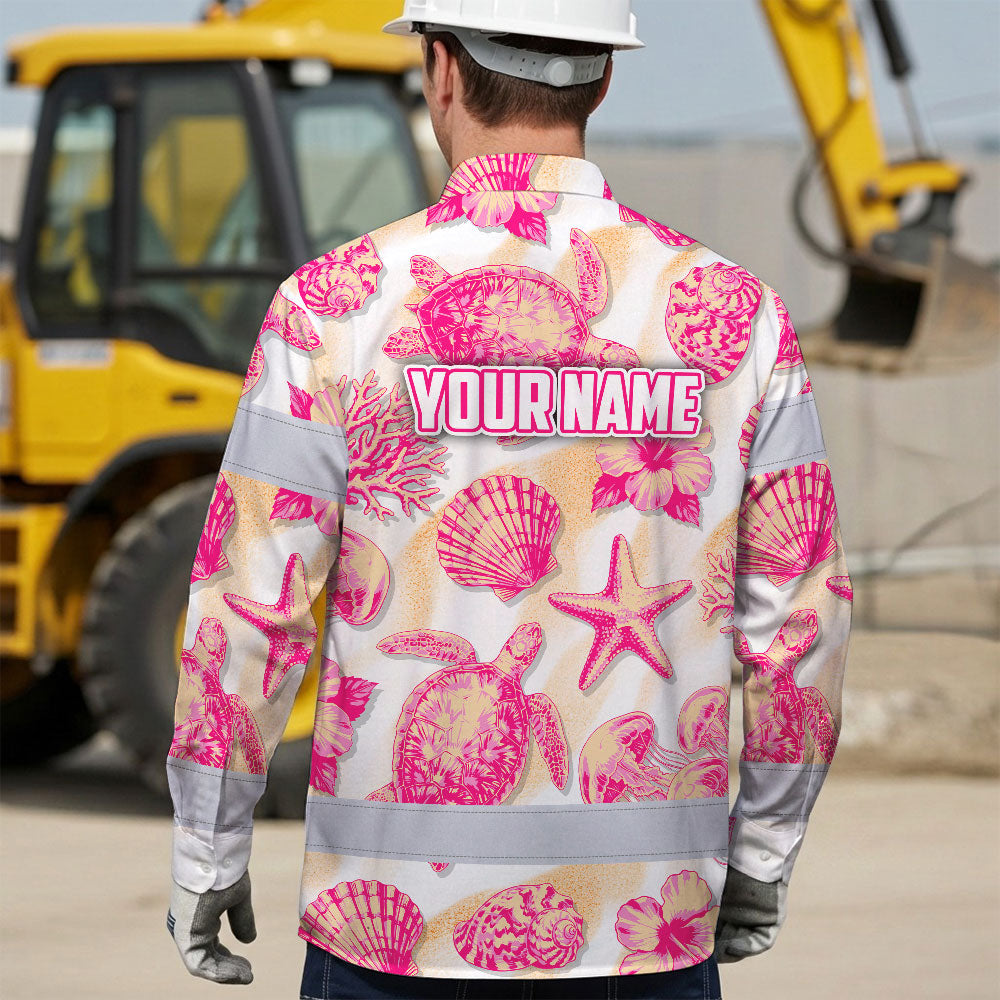Hi Vis Hawaiian Long Sleeve Shirt Reflective Tape Light Orange Pink Sea Hi-Vis Long Sleeve Shirt