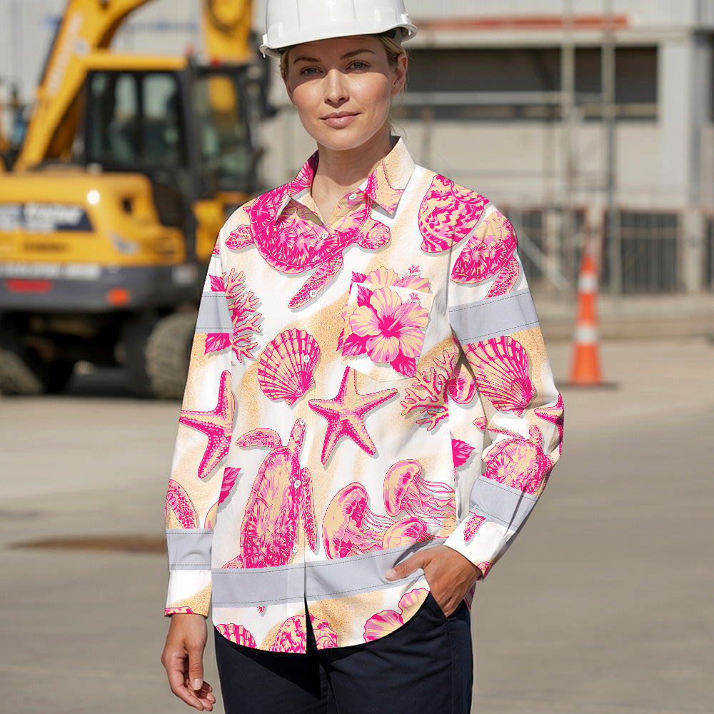Hi Vis Hawaiian Long Sleeve Shirt Reflective Tape Light Orange Pink Sea Hi-Vis Long Sleeve Shirt