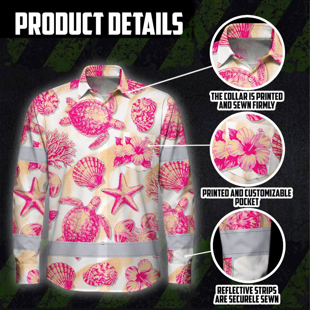 Hi Vis Hawaiian Long Sleeve Shirt Reflective Tape Light Orange Pink Sea Hi-Vis Long Sleeve Shirt