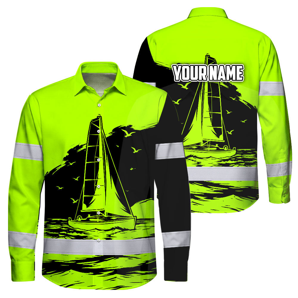 Hi Vis Hawaiian Long Sleeve Shirt Reflective Tape Lime Neon Sea Boat Hi-Vis Long Sleeve Shirt