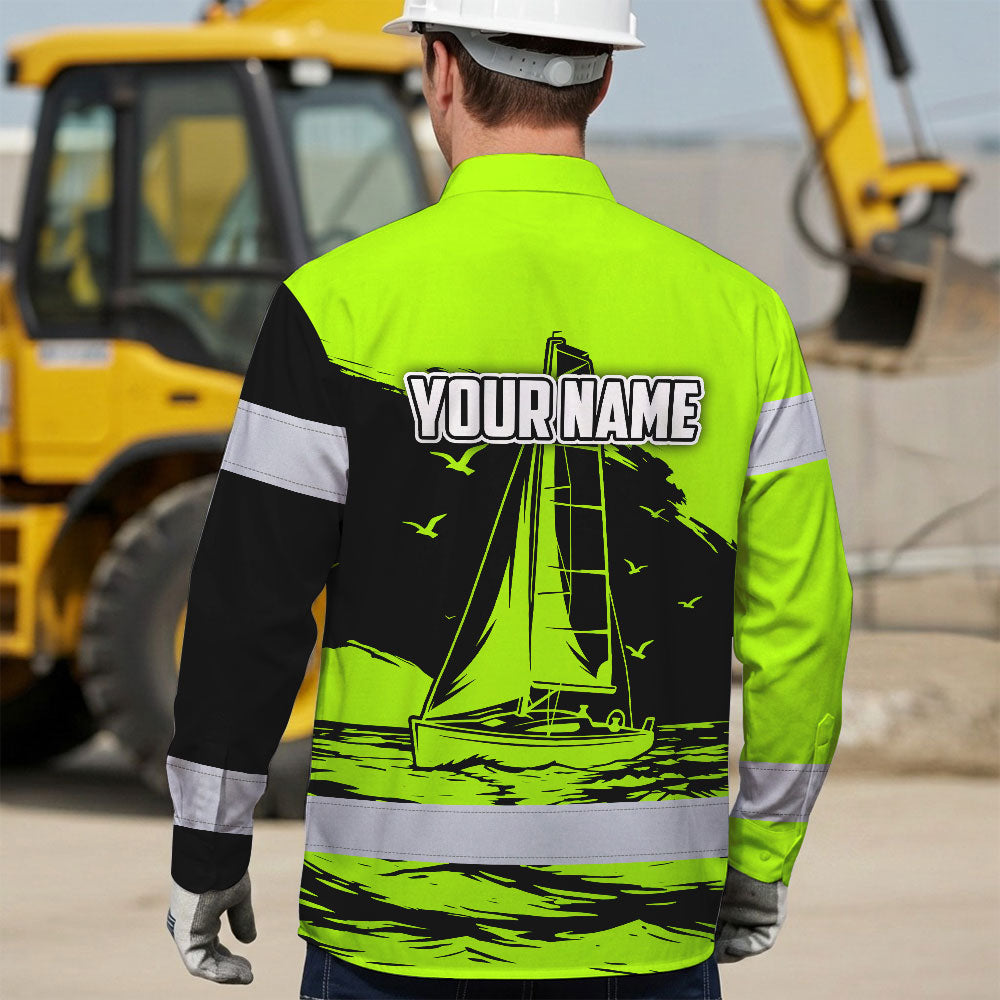 Hi Vis Hawaiian Long Sleeve Shirt Reflective Tape Lime Neon Sea Boat Hi-Vis Long Sleeve Shirt