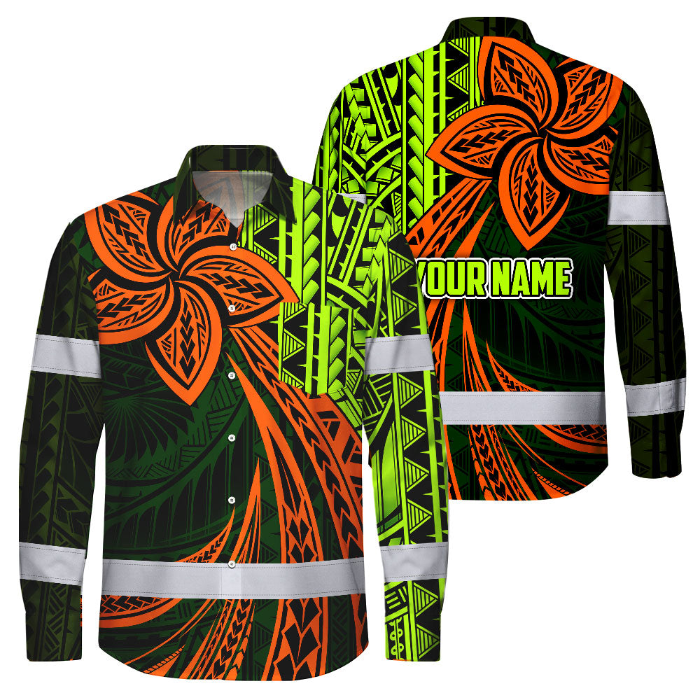 Hi Vis Hawaiian Long Sleeve Shirt Reflective Tape Orange Lime Neon Polynesian Hi-Vis Long Sleeve Shirt