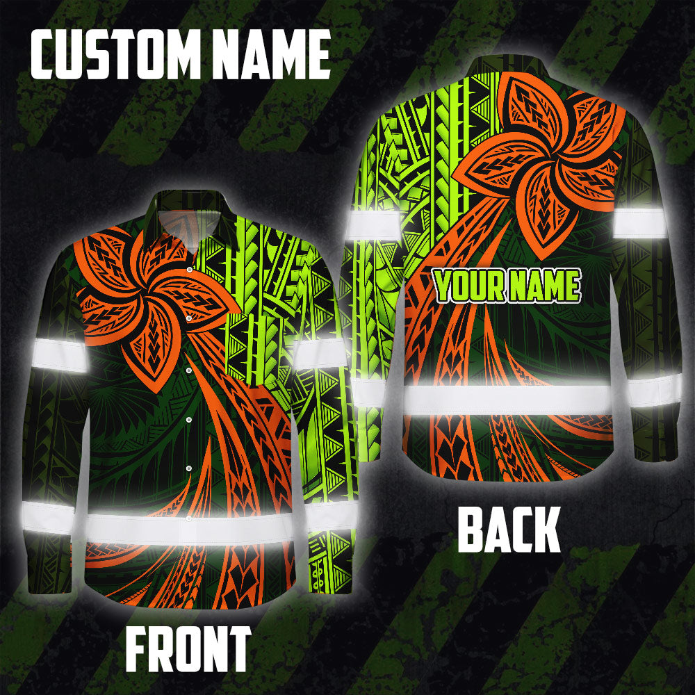 Hi Vis Hawaiian Long Sleeve Shirt Reflective Tape Orange Lime Neon Polynesian Hi-Vis Long Sleeve Shirt