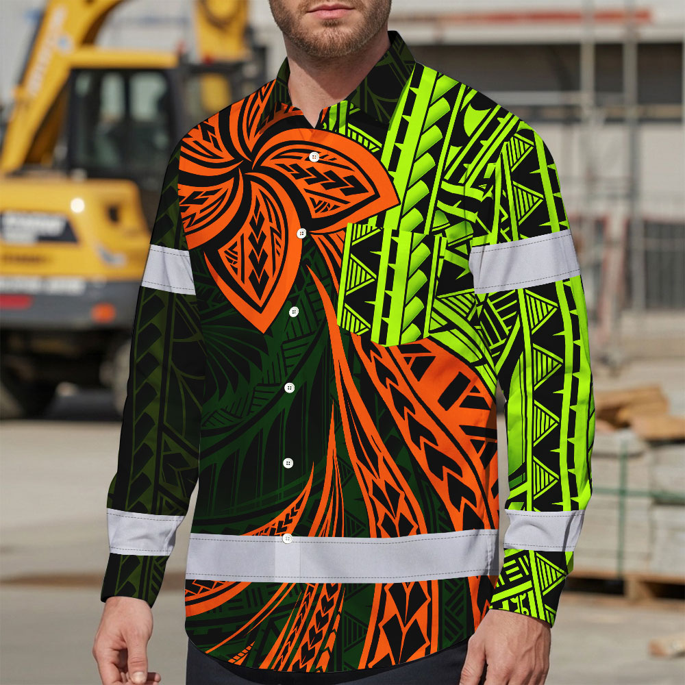 Hi Vis Hawaiian Long Sleeve Shirt Reflective Tape Orange Lime Neon Polynesian Hi-Vis Long Sleeve Shirt