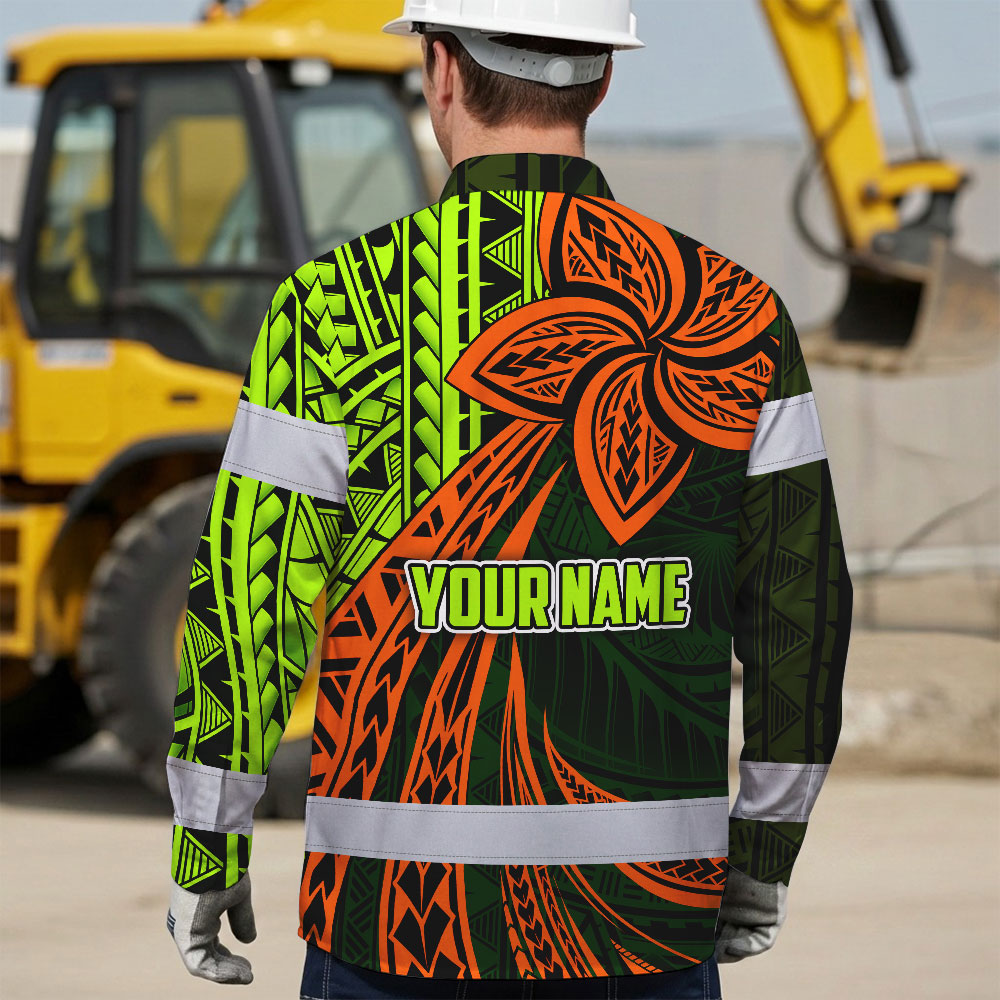 Hi Vis Hawaiian Long Sleeve Shirt Reflective Tape Orange Lime Neon Polynesian Hi-Vis Long Sleeve Shirt