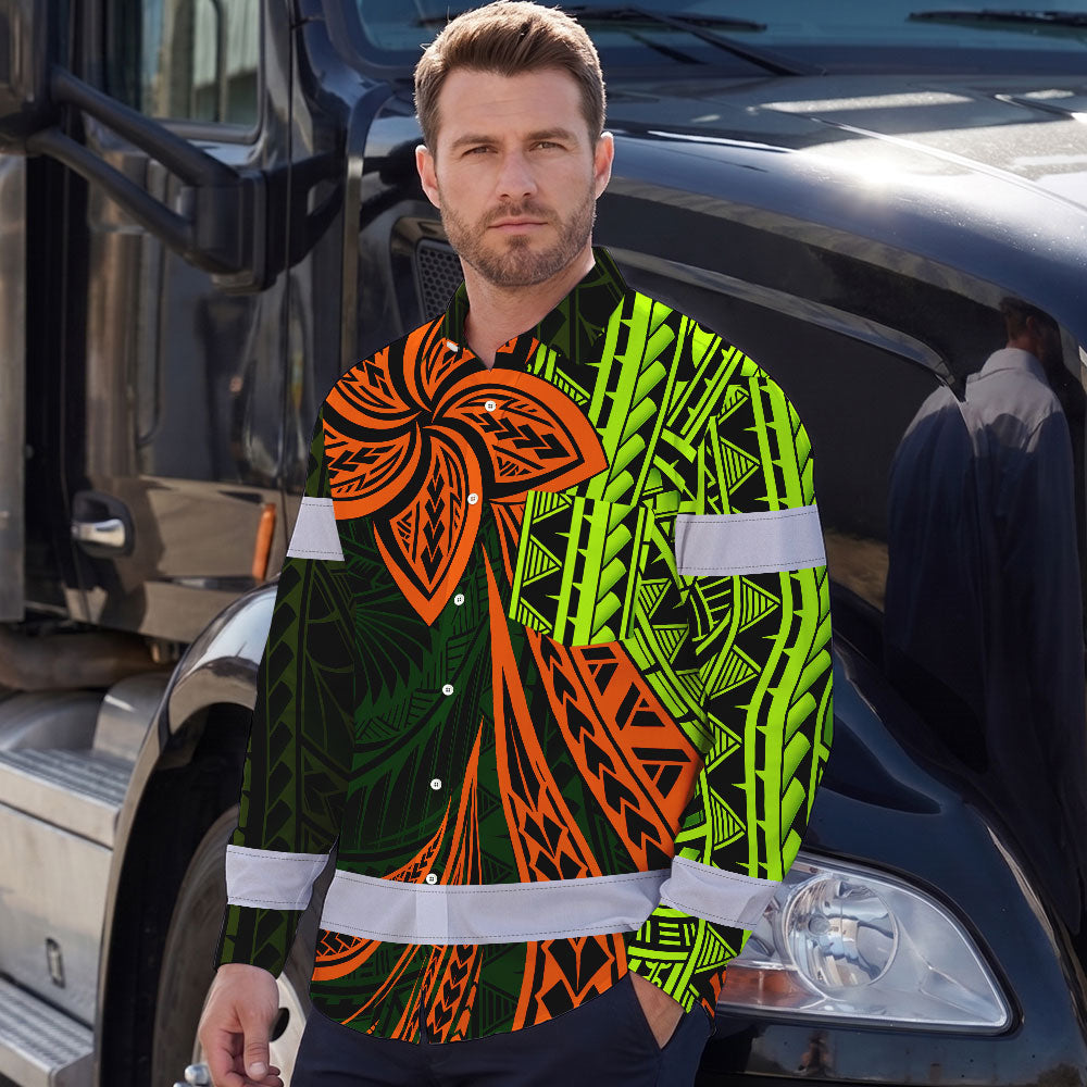 Hi Vis Hawaiian Long Sleeve Shirt Reflective Tape Orange Lime Neon Polynesian Hi-Vis Long Sleeve Shirt