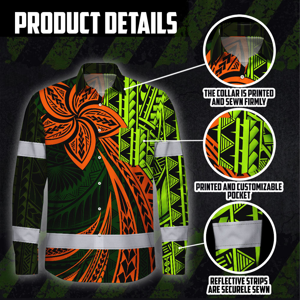 Hi Vis Hawaiian Long Sleeve Shirt Reflective Tape Orange Lime Neon Polynesian Hi-Vis Long Sleeve Shirt