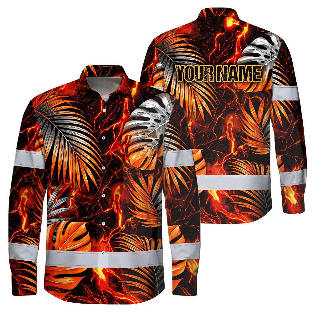 Hi Vis Hawaiian Long Sleeve Shirt Reflective Tape Orange Neon Leaves Hi-Vis Long Sleeve Shirt