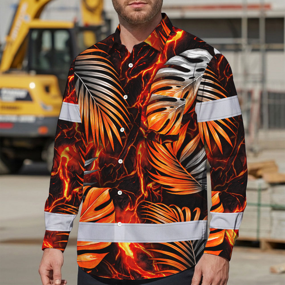 Hi Vis Hawaiian Long Sleeve Shirt Reflective Tape Orange Neon Leaves Hi-Vis Long Sleeve Shirt