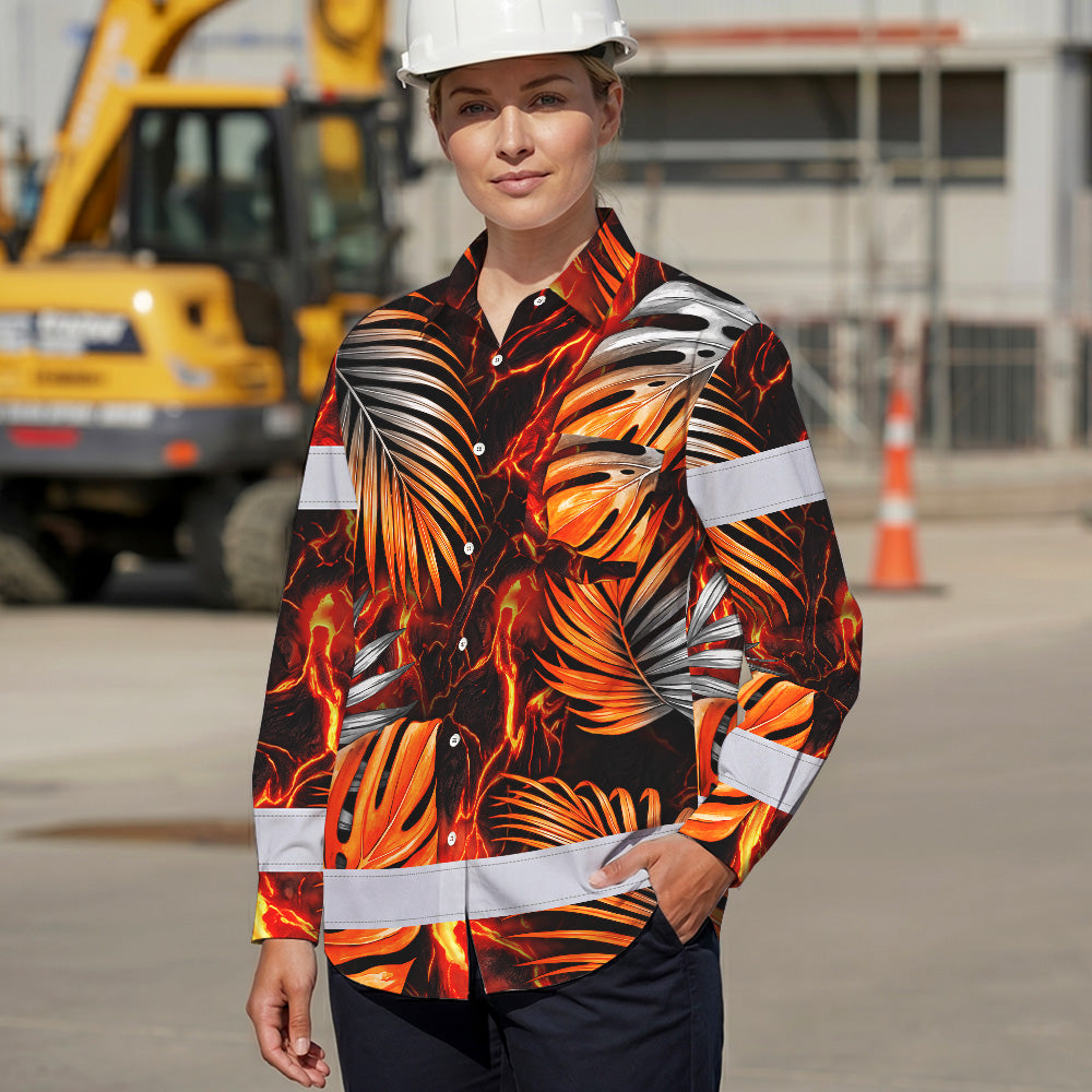 Hi Vis Hawaiian Long Sleeve Shirt Reflective Tape Orange Neon Leaves Hi-Vis Long Sleeve Shirt