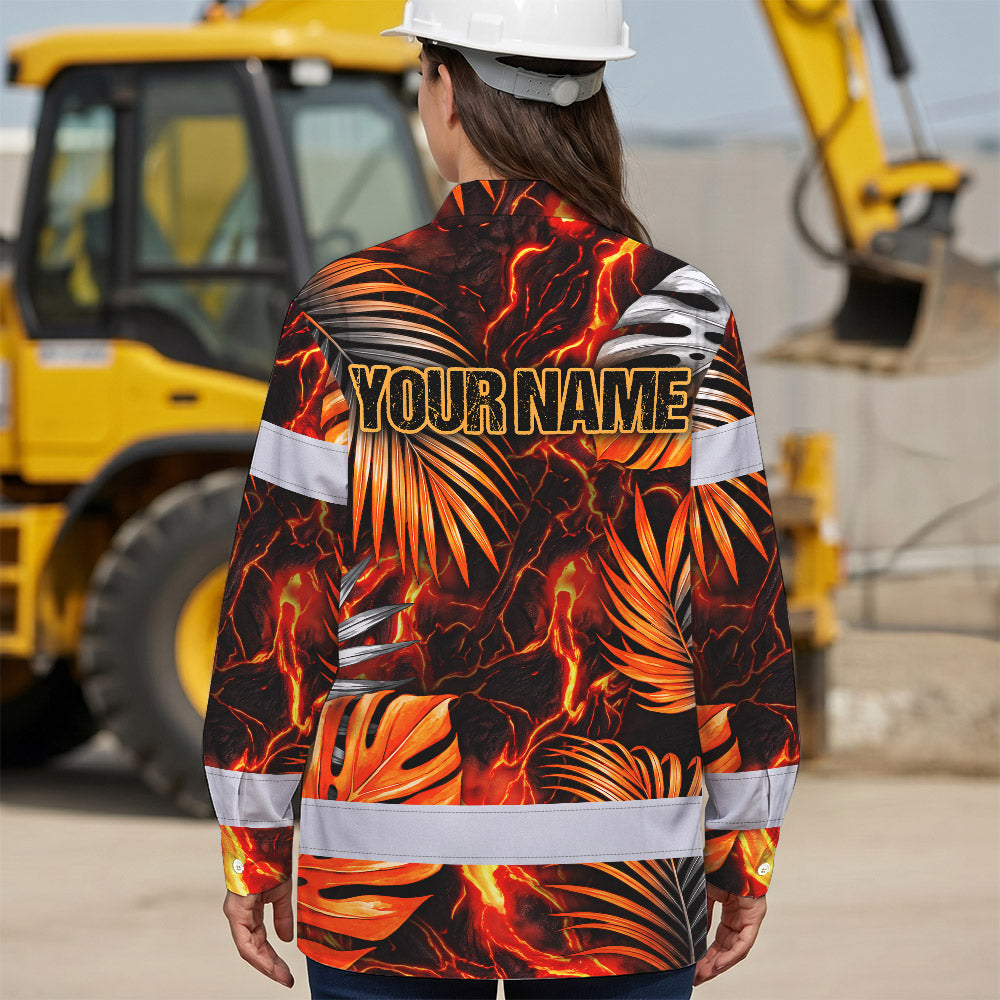 Hi Vis Hawaiian Long Sleeve Shirt Reflective Tape Orange Neon Leaves Hi-Vis Long Sleeve Shirt